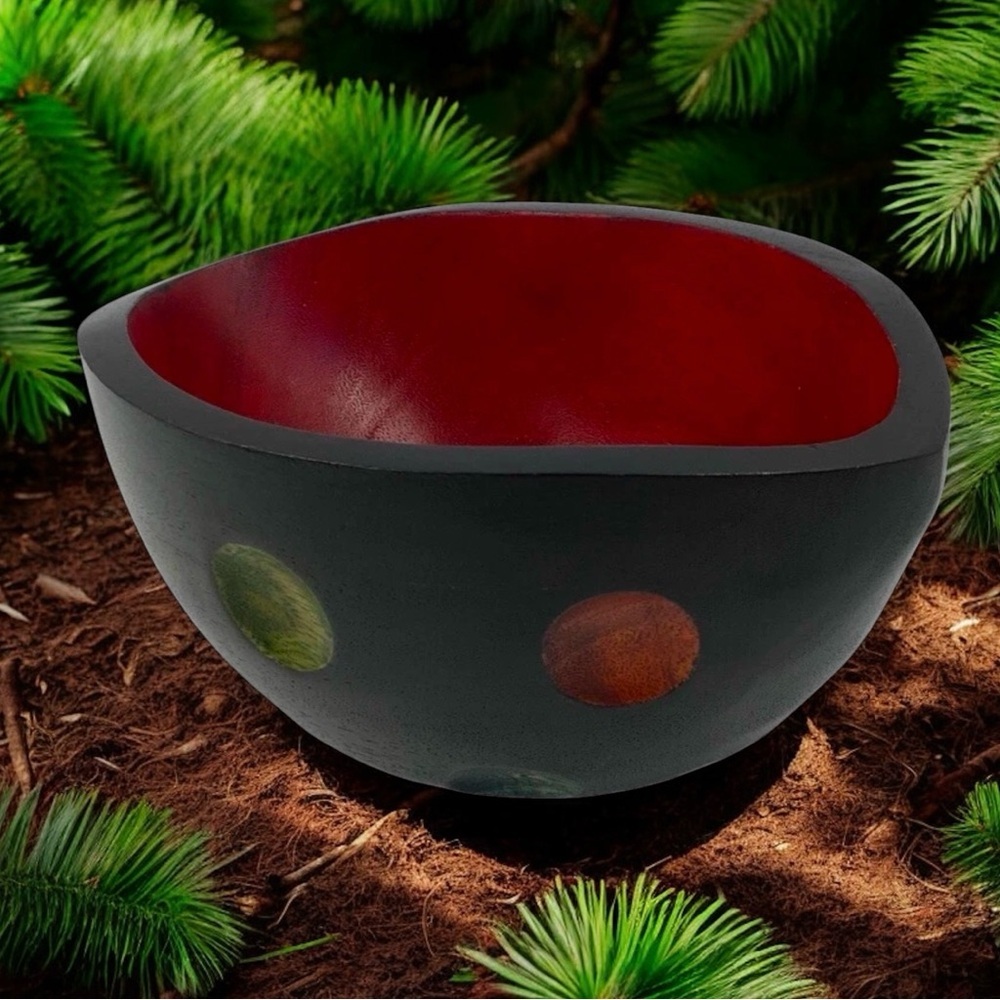 Hand Carved Wood Bowl Decor, Hand Painted Black, Red And Muti-colored Polka Dots - Picture 4 of 8